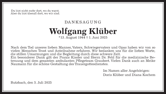 Traueranzeige von Wolfgang Klüber von Butzbacher Zeitung