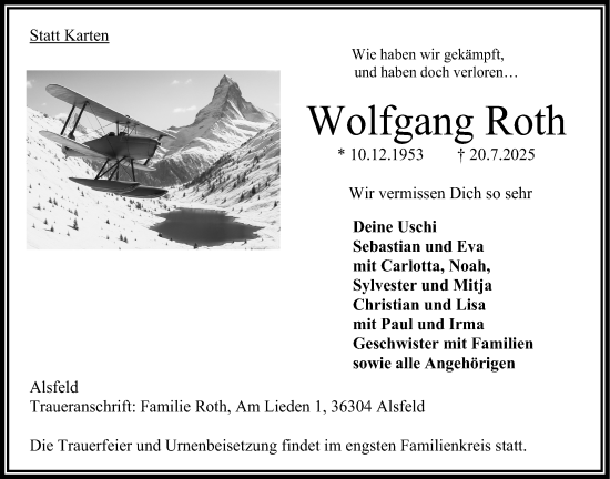 Traueranzeige von Wolfgang Roth von Oberhessische Zeitung