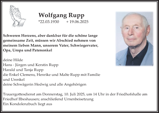 Traueranzeige von Wolfgang Rupp von Lauterbacher Anzeiger
