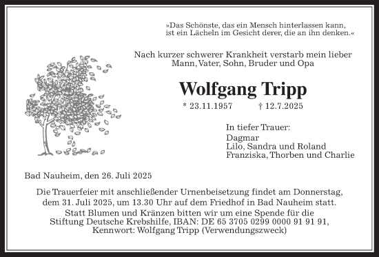 Traueranzeige von Wolfgang Tripp von Wetterauer Zeitung