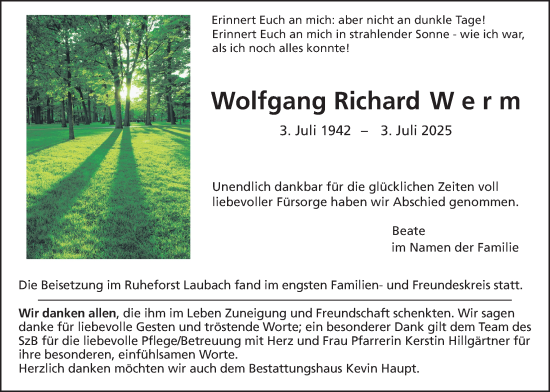 Traueranzeige von Wolfgang Richard Werm von Kreis-Anzeiger