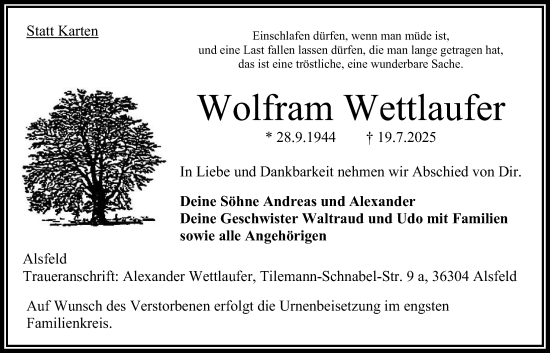 Traueranzeige von Wolfram Wettlaufer von Oberhessische Zeitung