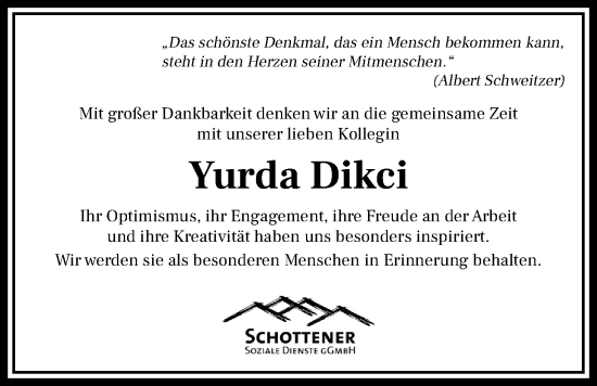 Traueranzeige von Yurda Dikci von Giessener Allgemeine, Alsfelder Allgemeine