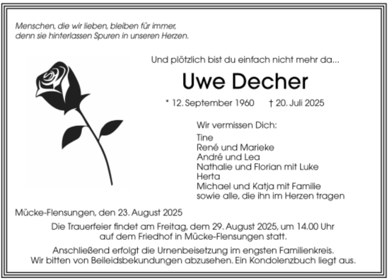 Traueranzeige von Uwe Decher von Giessener Allgemeine, Alsfelder Allgemeine