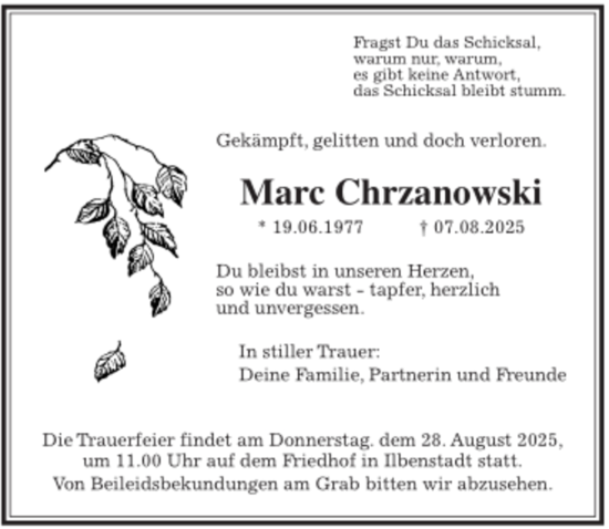 Traueranzeige von Marc Chrzanowski von Wetterauer Zeitung