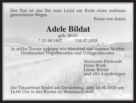 Traueranzeige von Adele Bildat von Wetterauer Zeitung