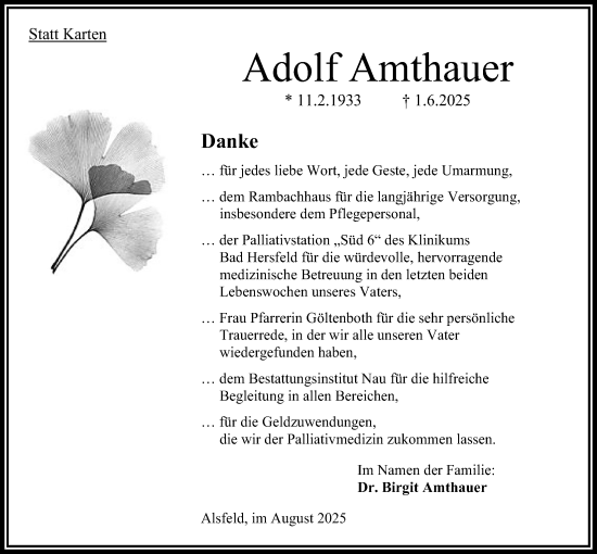 Traueranzeige von Adolf Amthauer von Oberhessische Zeitung