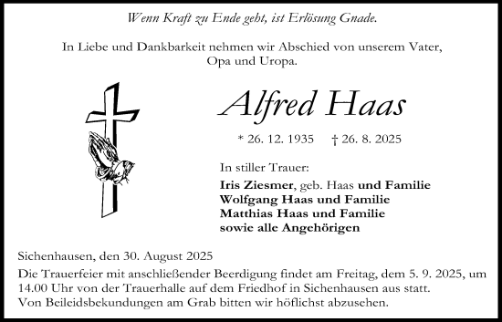 Traueranzeige von Alfred Haas von Kreis-Anzeiger