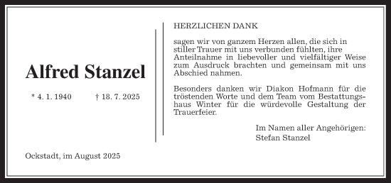 Traueranzeige von Alfred Stanzel von Wetterauer Zeitung