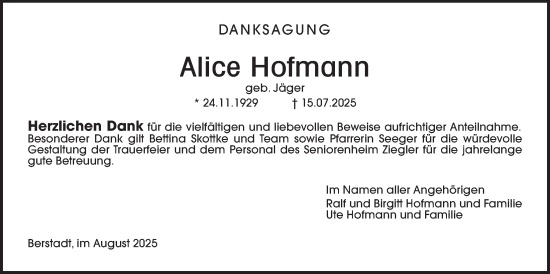 Traueranzeige von Alice Hofmann von Wetterauer Zeitung