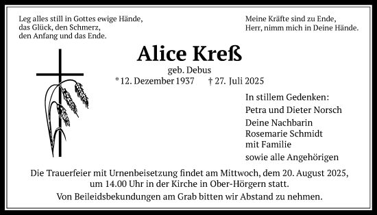 Traueranzeige von Alice Kreß von Licher Wochenblatt