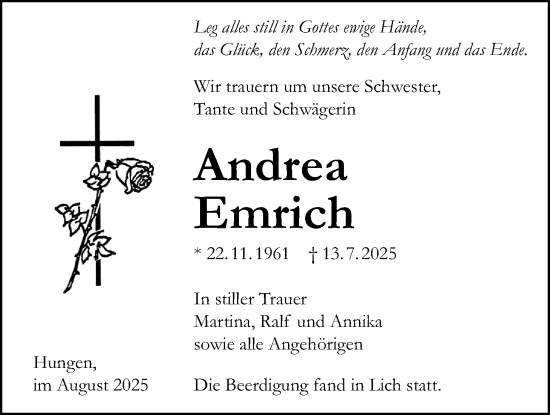 Traueranzeige von Andrea Emrich von Licher Wochenblatt