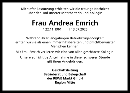 Traueranzeige von Andrea Emrich von Giessener Allgemeine, Alsfelder Allgemeine