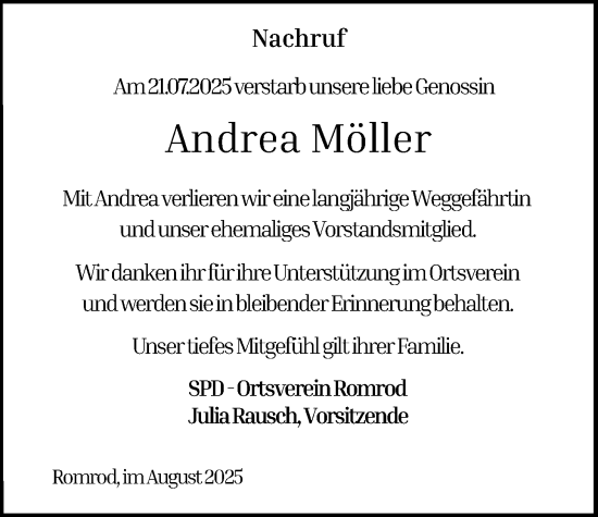 Traueranzeige von Andrea Möller von Oberhessische Zeitung, 