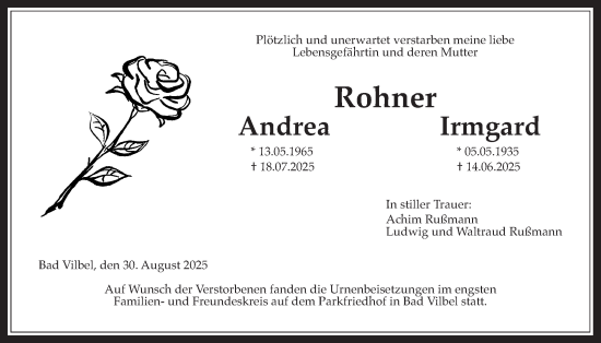 Traueranzeige von Andrea  Rohner von Butzbacher Zeitung