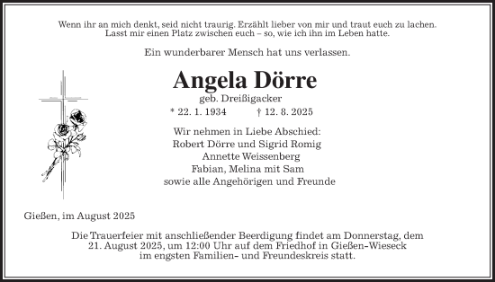 Traueranzeige von Angela Dörre von Giessener Anzeiger, Giessener Allgemeine, Alsfelder Allgemeine