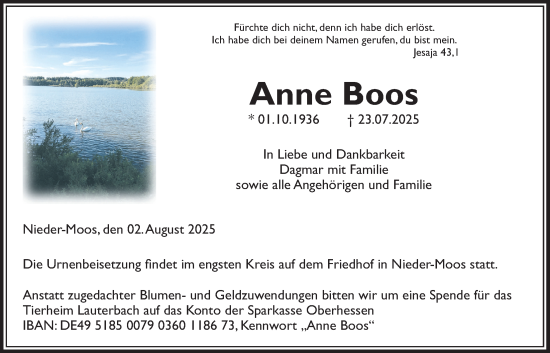 Traueranzeige von Anne Boos von Lauterbacher Anzeiger