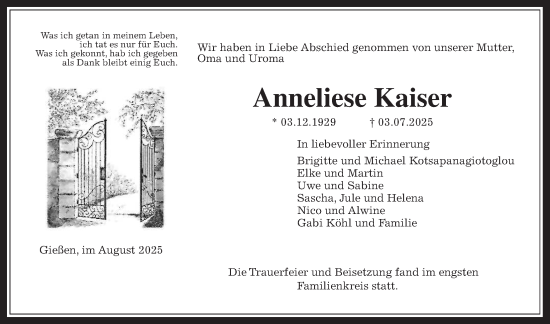 Traueranzeige von Anneliese Kaiser von Giessener Allgemeine, Alsfelder Allgemeine
