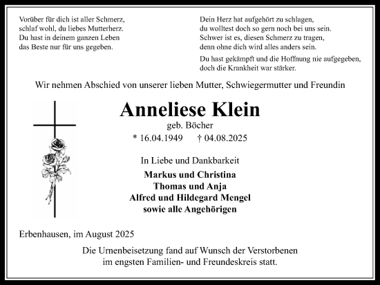 Traueranzeige von Anneliese Klein von Oberhessische Zeitung, 