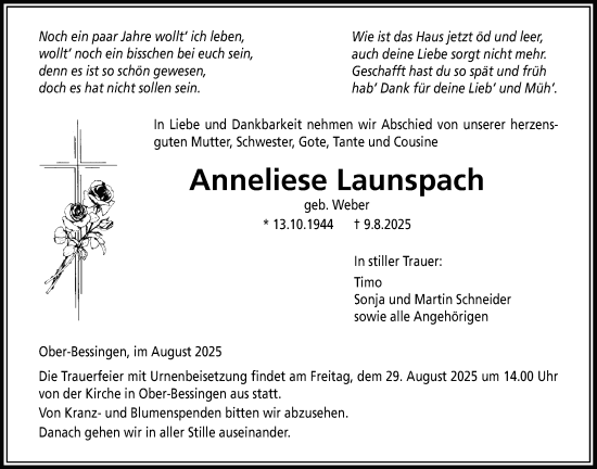 Traueranzeige von Anneliese Launspach von Licher Wochenblatt