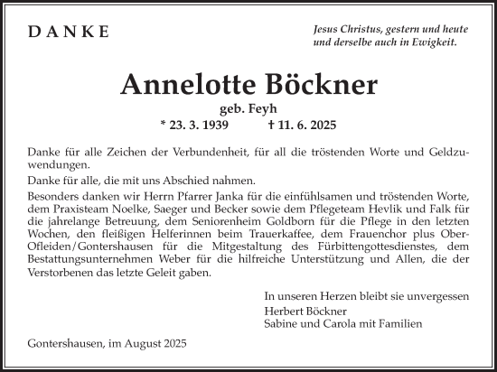 Traueranzeige von Annelotte Böckner von Oberhessische Zeitung