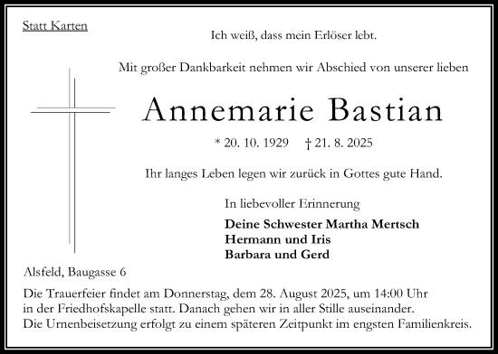 Traueranzeige von Annemarie Bastian von Oberhessische Zeitung
