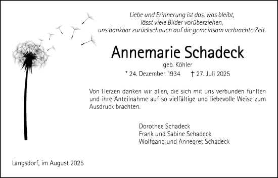 Traueranzeige von Annemarie Schadeck von Licher Wochenblatt
