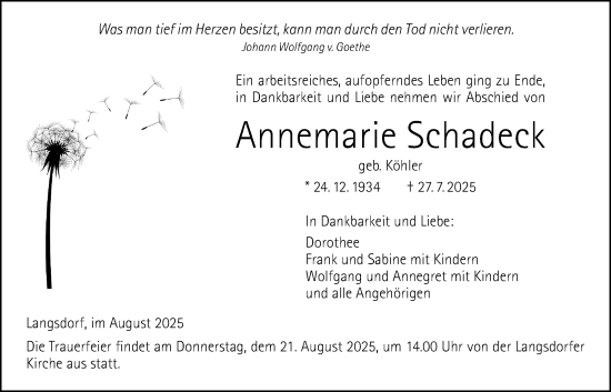 Traueranzeige von Annemarie Schadeck von Licher Wochenblatt