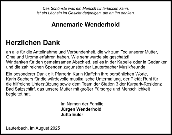 Traueranzeige von Annemarie Wenderhold von Lauterbacher Anzeiger, Lauterbacher Anzeiger
