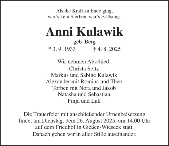 Traueranzeige von Anni Kulawik von Giessener Anzeiger, Giessener Allgemeine, Alsfelder Allgemeine