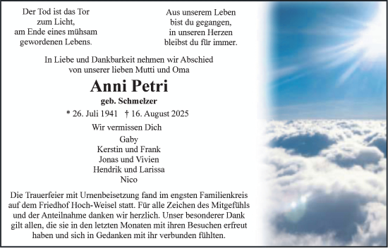 Traueranzeige von Anni Petri von Butzbacher Zeitung