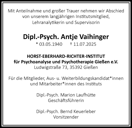 Traueranzeige von Antje Vaihinger von Giessener Allgemeine, Alsfelder Allgemeine, Giessener Anzeiger