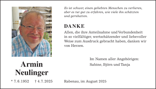 Traueranzeige von Armin Neulinger von Licher Wochenblatt