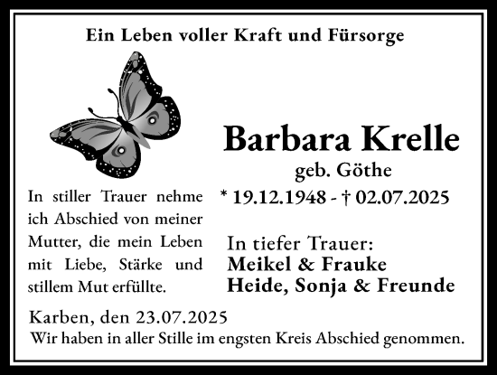 Traueranzeige von Barbara Krelle von Wetterauer Zeitung