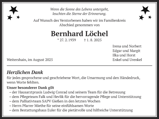 Traueranzeige von Bernhard Löchel von Giessener Allgemeine, Alsfelder Allgemeine