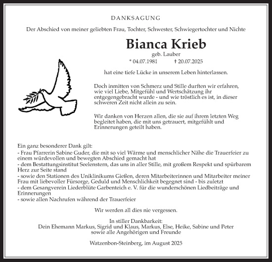 Traueranzeige von Bianca Krieb von Pohlheimer Nachrichten, Giessener Anzeiger, Giessener Allgemeine, Alsfelder Allgemeine