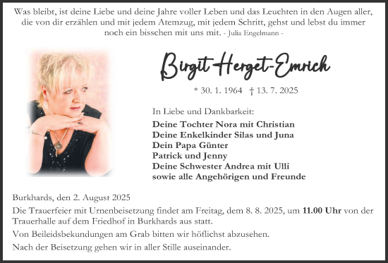 Traueranzeige von Birgit Herget-Emrich von Kreis-Anzeiger