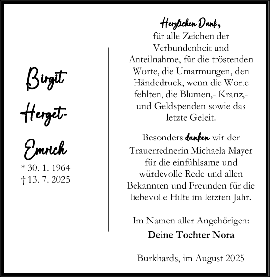 Traueranzeige von Birgit Herget-Emrich von Kreis-Anzeiger