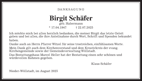 Traueranzeige von Birgit Schäfer von Wetterauer Zeitung