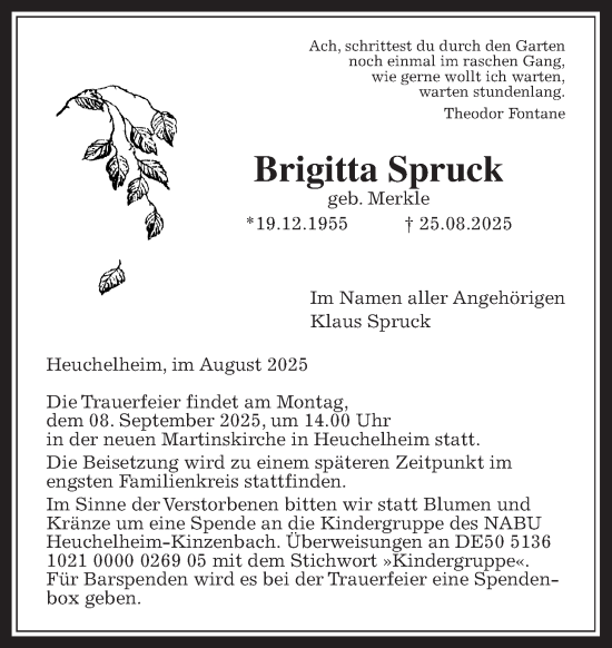 Traueranzeige von Brigitta Spruck von Giessener Allgemeine, Alsfelder Allgemeine, Giessener Anzeiger