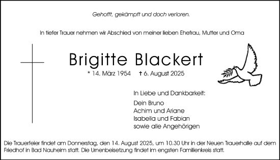 Traueranzeige von Brigitte Blackert von Wetterauer Zeitung