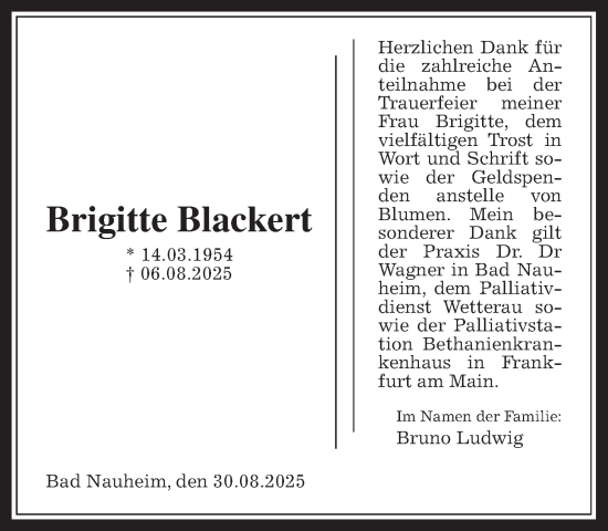 Traueranzeige von Brigitte Blackert von Wetterauer Zeitung