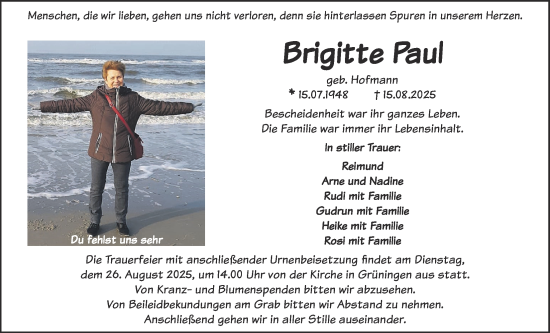 Traueranzeige von Brigitte Paul von Giessener Allgemeine, Alsfelder Allgemeine