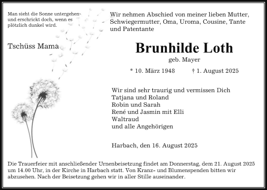 Traueranzeige von Brunhilde Loth von Giessener Anzeiger, Giessener Allgemeine, Alsfelder Allgemeine