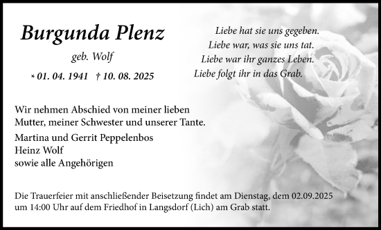 Traueranzeige von Burgunda Plenz von Licher Wochenblatt