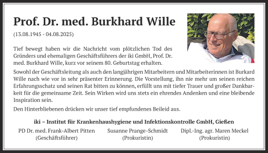 Traueranzeige von Burkhard Wille von Giessener Allgemeine, Alsfelder Allgemeine, Giessener Anzeiger