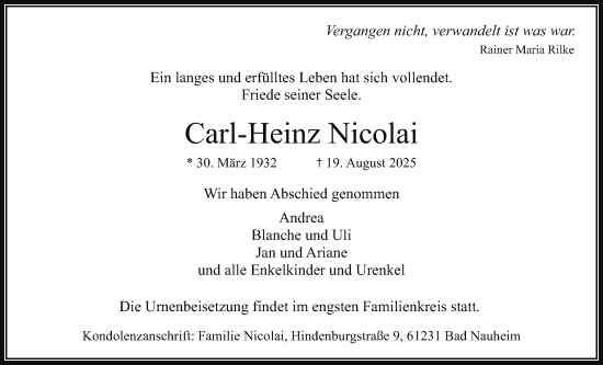 Traueranzeige von Carl-Heinz Nicolai von Wetterauer Zeitung