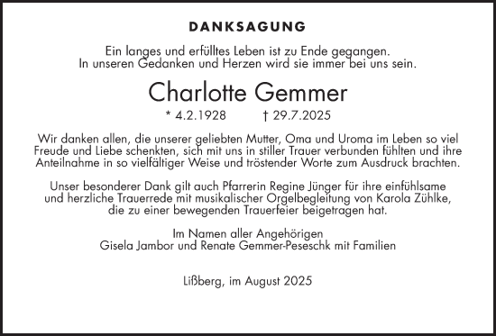 Traueranzeige von Charlotte Gemmer von Kreis-Anzeiger
