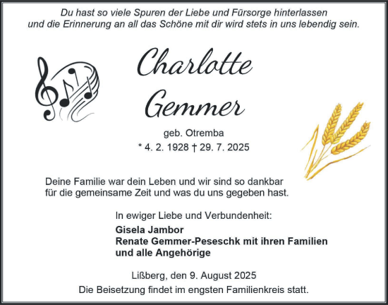 Traueranzeige von Charlotte Gemmer von Kreis-Anzeiger