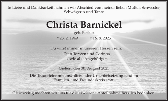 Traueranzeige von Christa Barnickel von Giessener Allgemeine, Alsfelder Allgemeine, Giessener Anzeiger